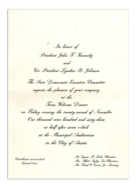 ''Texas Welcome Dinner'' Invitation to the Event Honoring President John F. Kennedy the Night of His Assassination